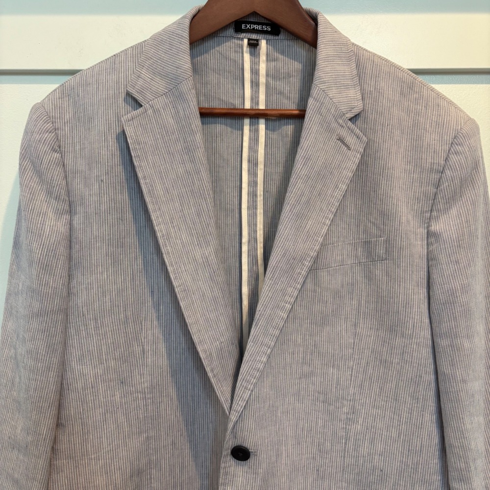 Linen Blend Blazer 44R Blue Striped Slim Fit Casual Jacket Express Lightweight - Picture 6 of 15
